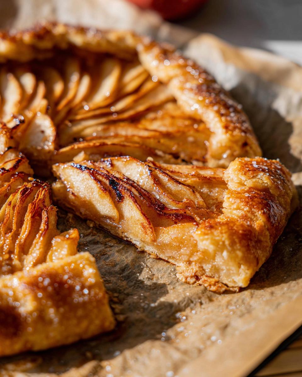 Close-up of a slice of Amazing Apple Galette, showcasing thinly sliced apples and a golden, flaky crust.