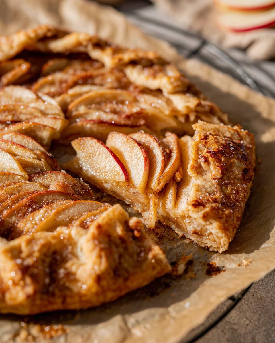 A slice of apple galette, showcasing thinly sliced apples and a flaky crust, a modern twist on traditional desserts.