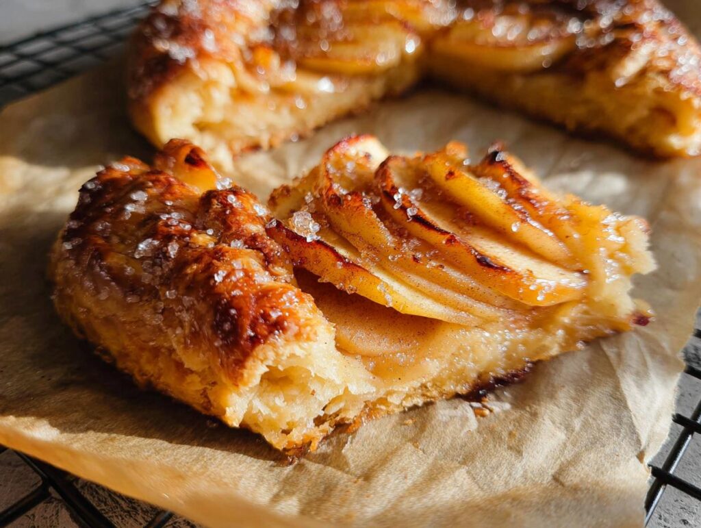 Close-up of a slice of apple galette, showcasing flaky pastry and thinly sliced apples with a sugar crust.
