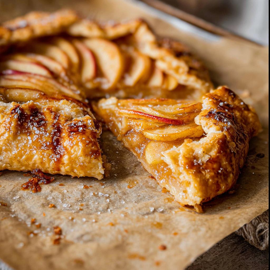 Close-up of a slice of apple galette with flaky crust, showing thinly sliced apples and a glistening glaze.
