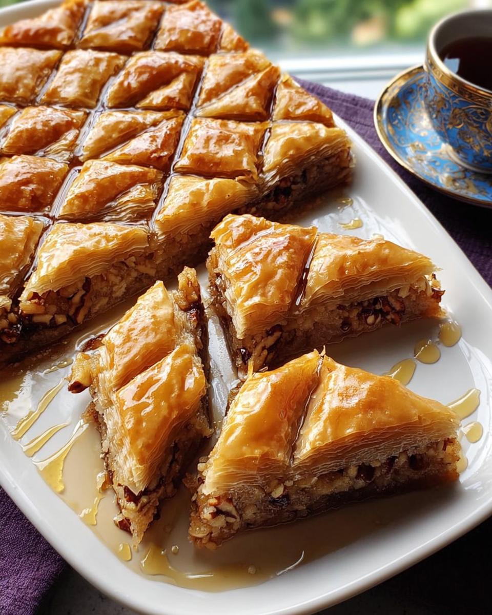 A plate of freshly made baklava, drizzled with syrup, showcasing layers of flaky pastry and nuts. A perfect example of from scratch desserts that impress.