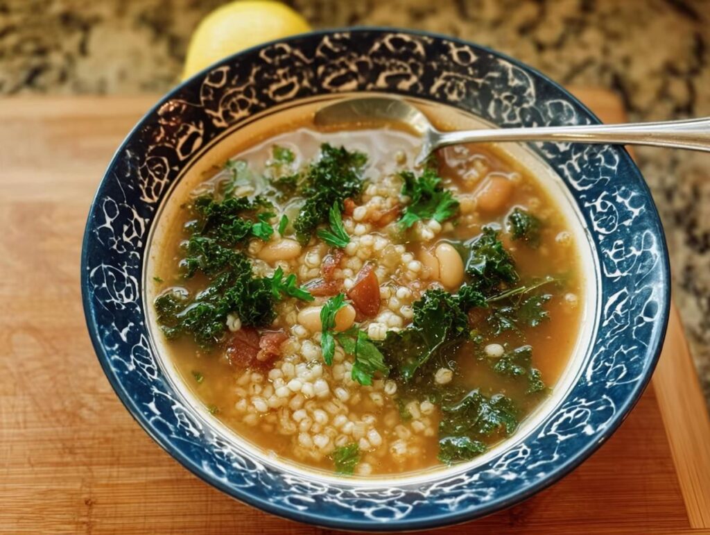 A bowl of hearty bean and kale soup with pearl barley, a modern twist on traditional soups.