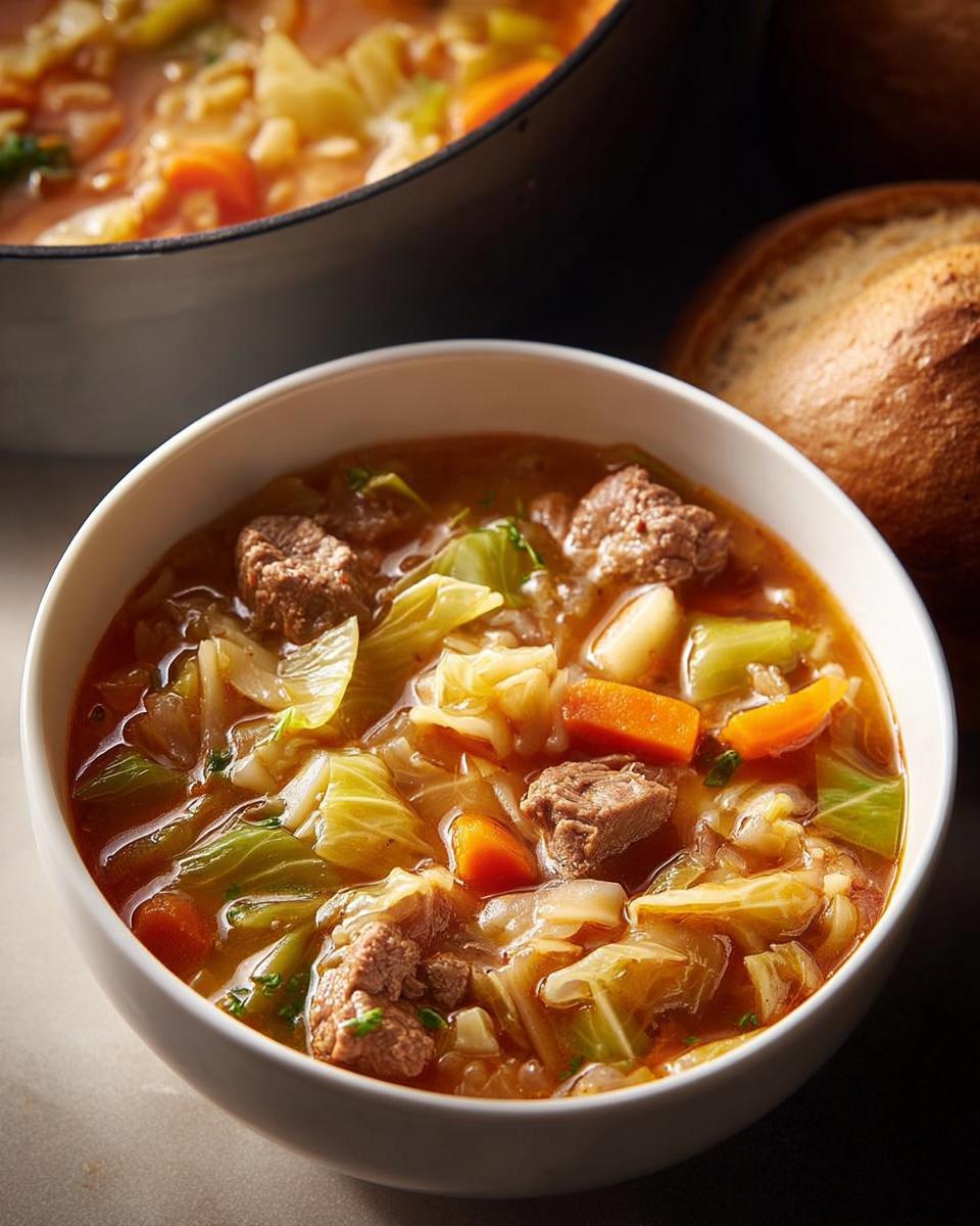 A close-up of a hearty beef and cabbage soup, perfect for busy weeknight soup recipes, served in a white bowl with crusty bread.