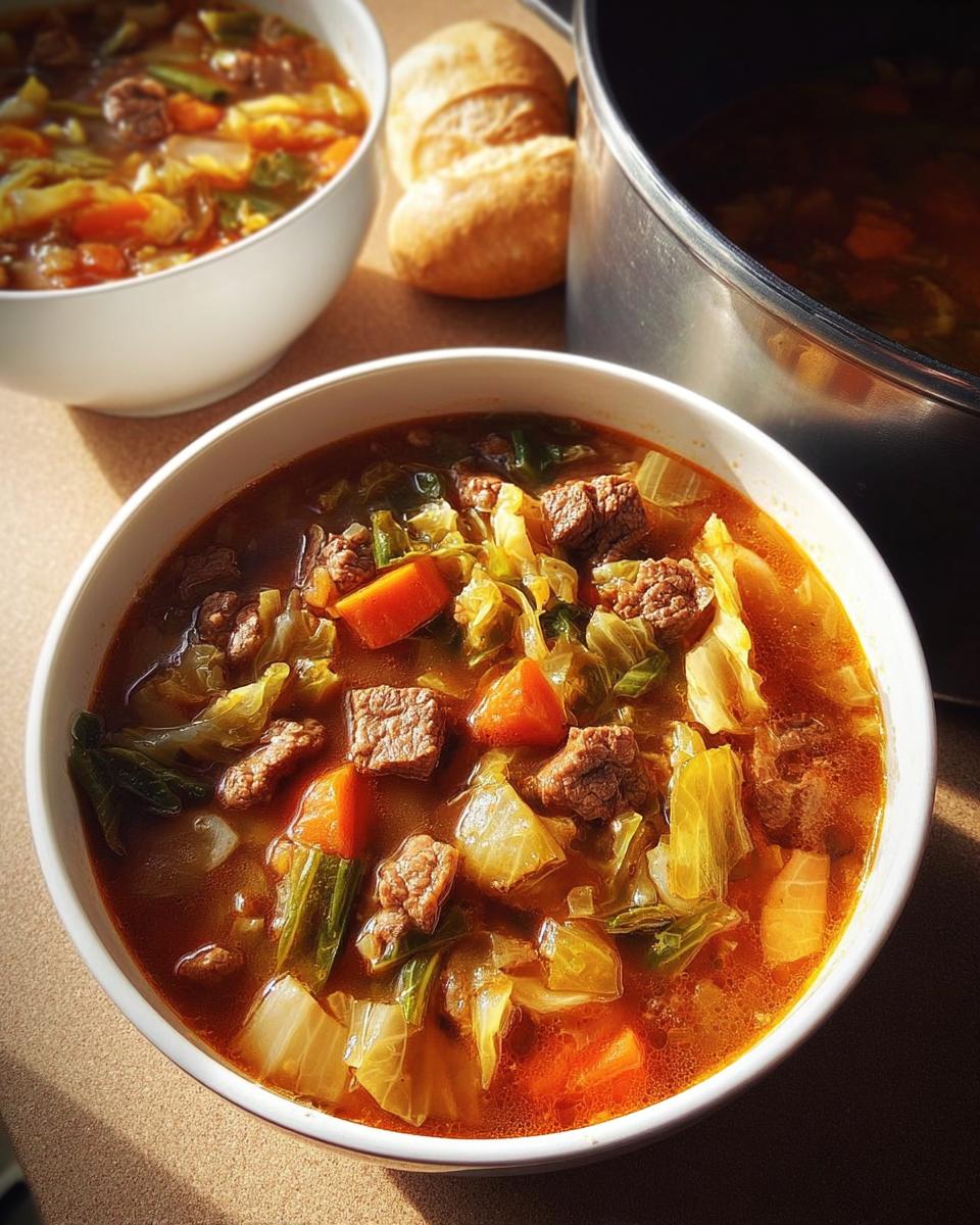 A close-up of a bowl filled with hearty beef and cabbage soup, featuring chunks of beef, carrots, and cabbage in a rich broth. Perfect for soup recipes for busy weeknights.