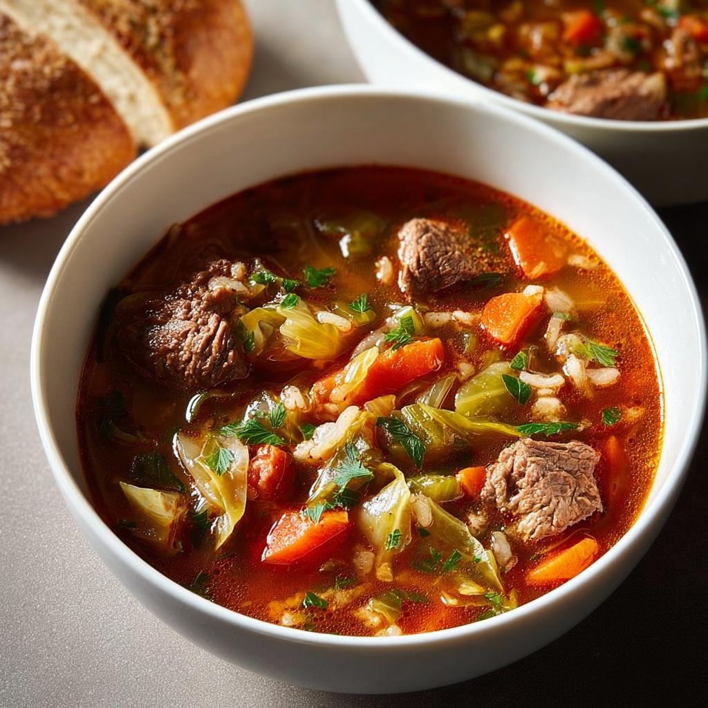 A close-up of a steaming bowl of beef and cabbage soup, featuring tender beef chunks, carrots, cabbage, and rice, perfect for soup recipes for busy weeknights.