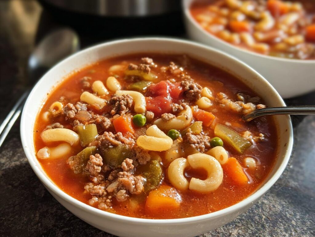 A close-up of a bowl of hearty beef and macaroni soup, featuring ground beef, elbow macaroni, peas, carrots, and diced tomatoes.