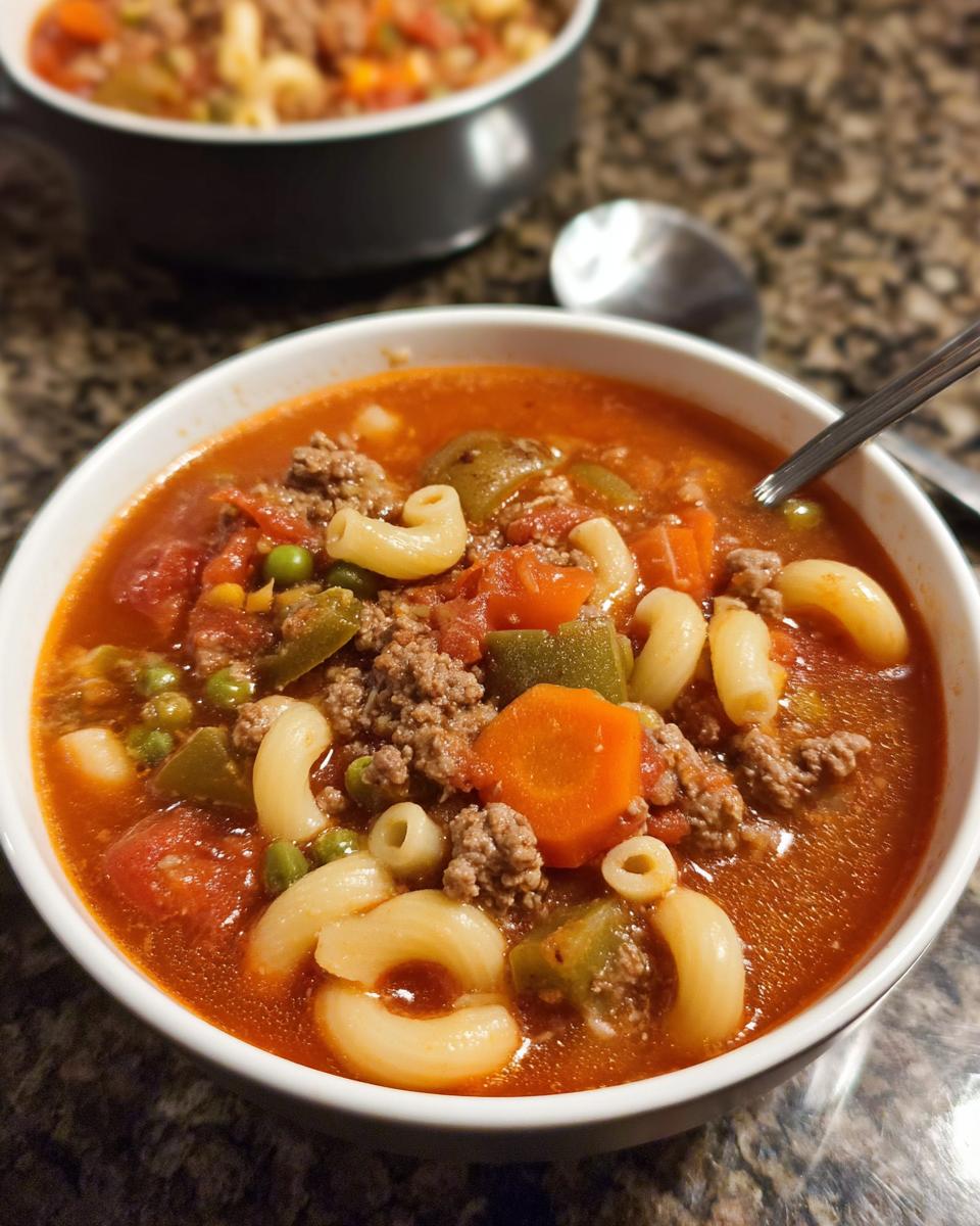 Close-up of a bowl of hearty beef and macaroni soup, featuring pasta, ground beef, carrots, peas, and tomatoes. One of the favorite healthy soups.