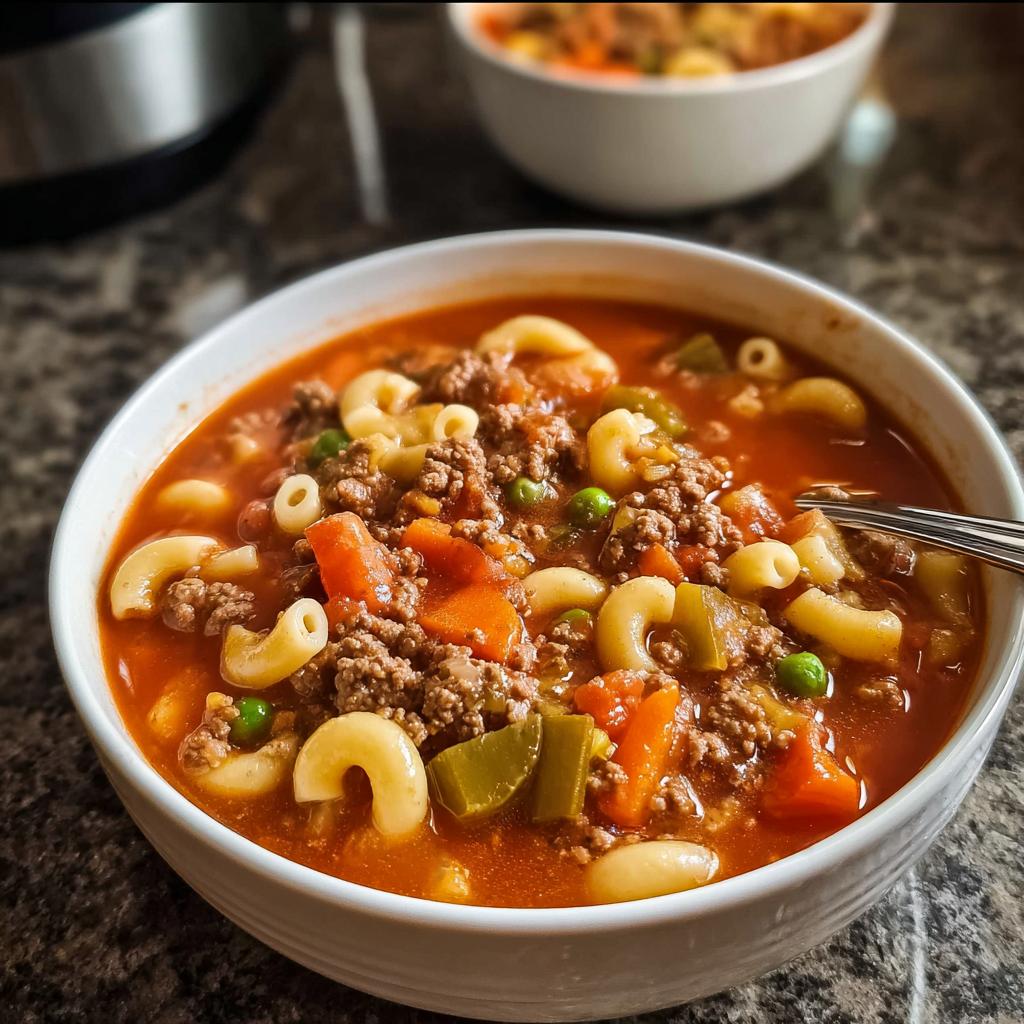 A close-up of a bowl of hearty beef and macaroni soup, featuring ground beef, elbow macaroni, peas, and carrots in a rich tomato broth.