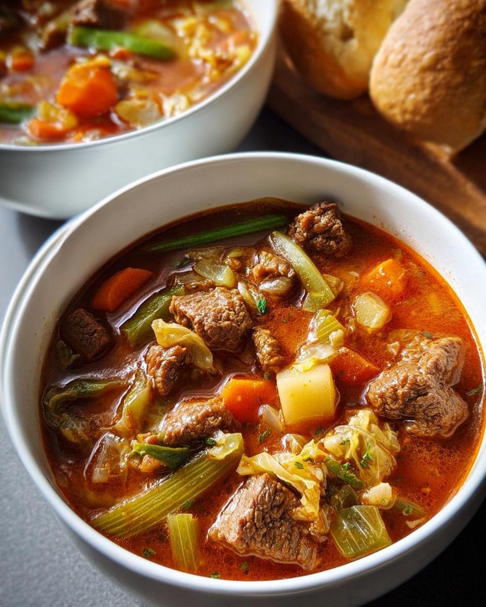 A close-up of a steaming bowl of hearty beef and vegetable soup, perfect for busy weeknights.