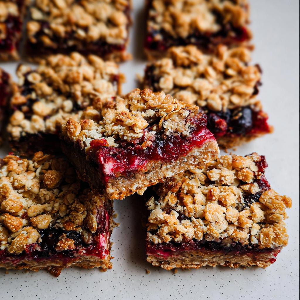 Close-up of berry crumble bars, a delicious treat from ultimate dessert recipes, with a crumbly oat topping and berry filling.