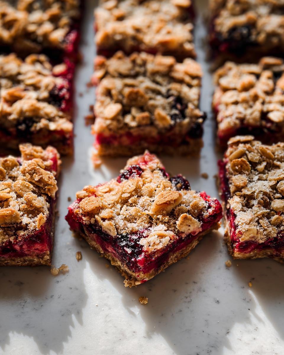 Close-up of berry crumble bars, a perfect addition to ultimate dessert recipes, with a crumbly oat topping and vibrant berry filling.