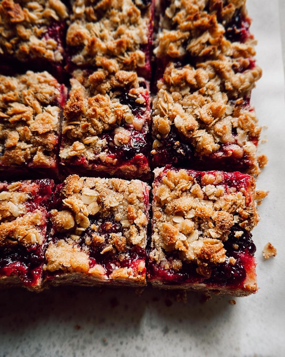 Close-up of freshly baked berry crumble bars, a perfect addition to ultimate dessert recipes.