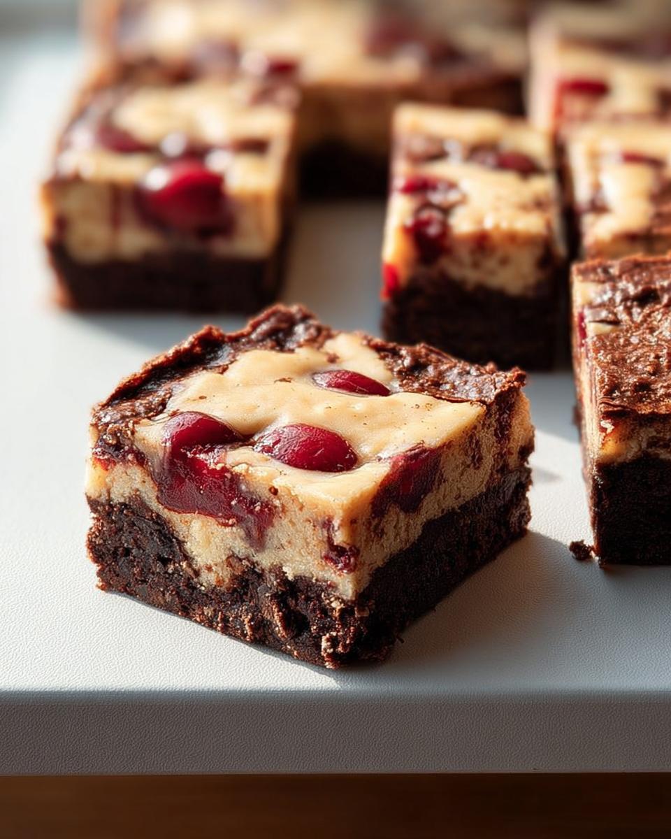 A close-up of a cherry cheesecake brownie, featuring a rich chocolate base topped with creamy cheesecake and whole cherries.