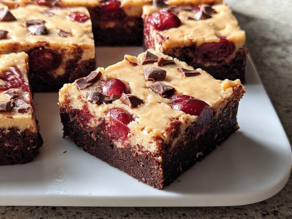Close-up of rich chocolate brownies topped with creamy frosting, cherries, and chocolate chunks, perfect for dessert recipes.