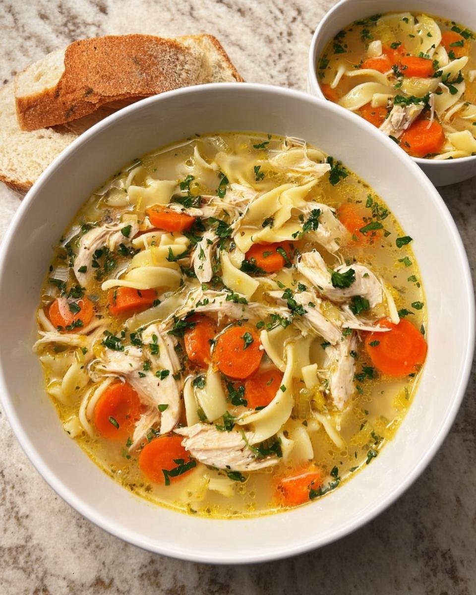 A close-up of a steaming bowl of chicken noodle soup, filled with shredded chicken, wide egg noodles, and sliced carrots, garnished with parsley. Served with bread.