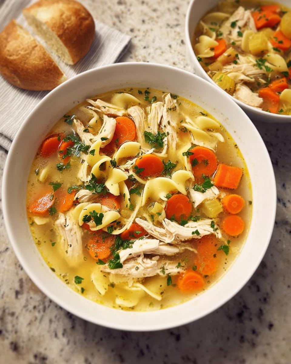 A steaming bowl of chicken noodle soup, featuring shredded chicken, wide egg noodles, carrots, and parsley, part of top notch soup recipes.