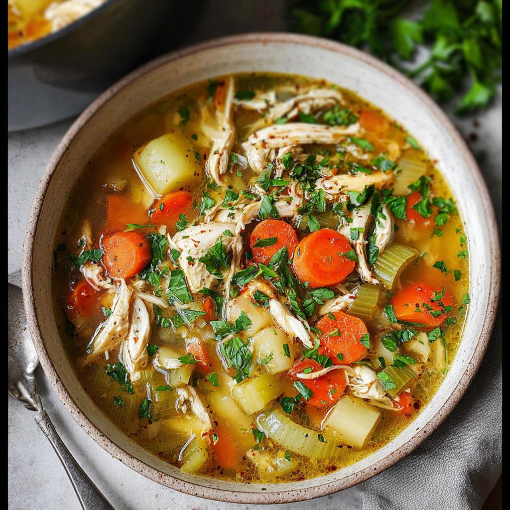A close-up of a bowl filled with hearty chicken noodle soup, featuring shredded chicken, carrots, potatoes, and celery, garnished with parsley.