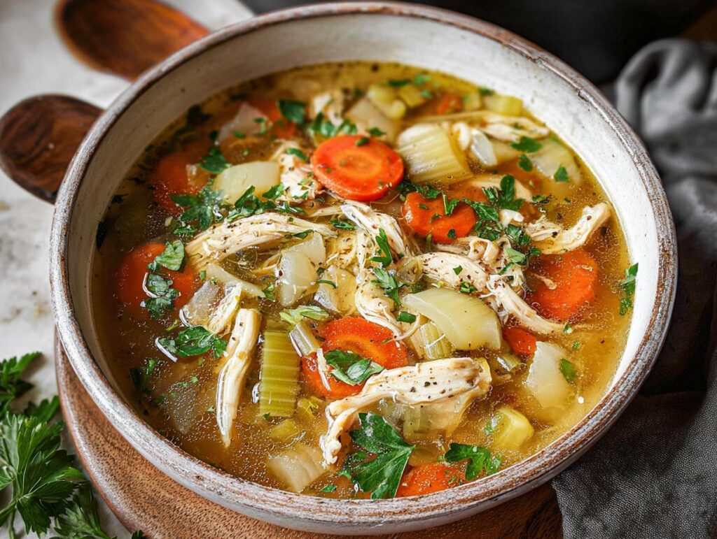 Close-up of a steaming bowl of chicken noodle soup, featuring shredded chicken, carrots, celery, and herbs.