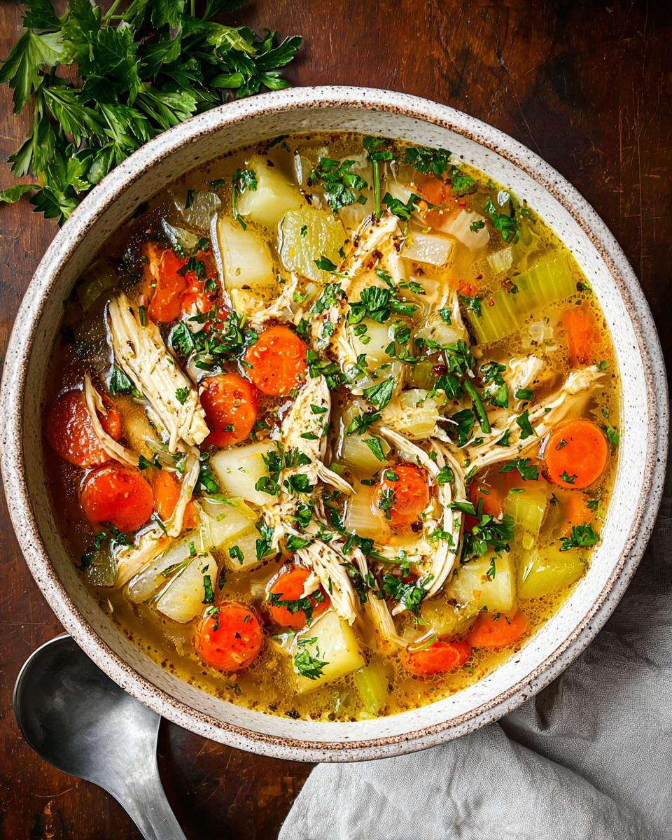A close-up overhead view of a bowl of hearty chicken noodle soup, packed with shredded chicken, carrots, potatoes, and celery, garnished with parsley.