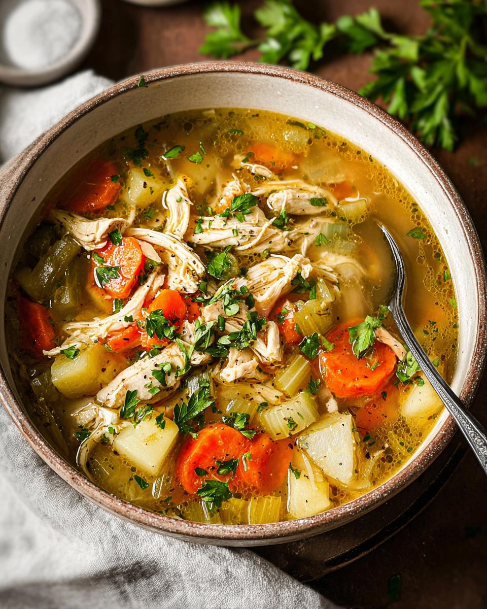 A close-up of a bowl of hearty chicken noodle soup, filled with shredded chicken, carrots, potatoes, and celery, garnished with parsley.