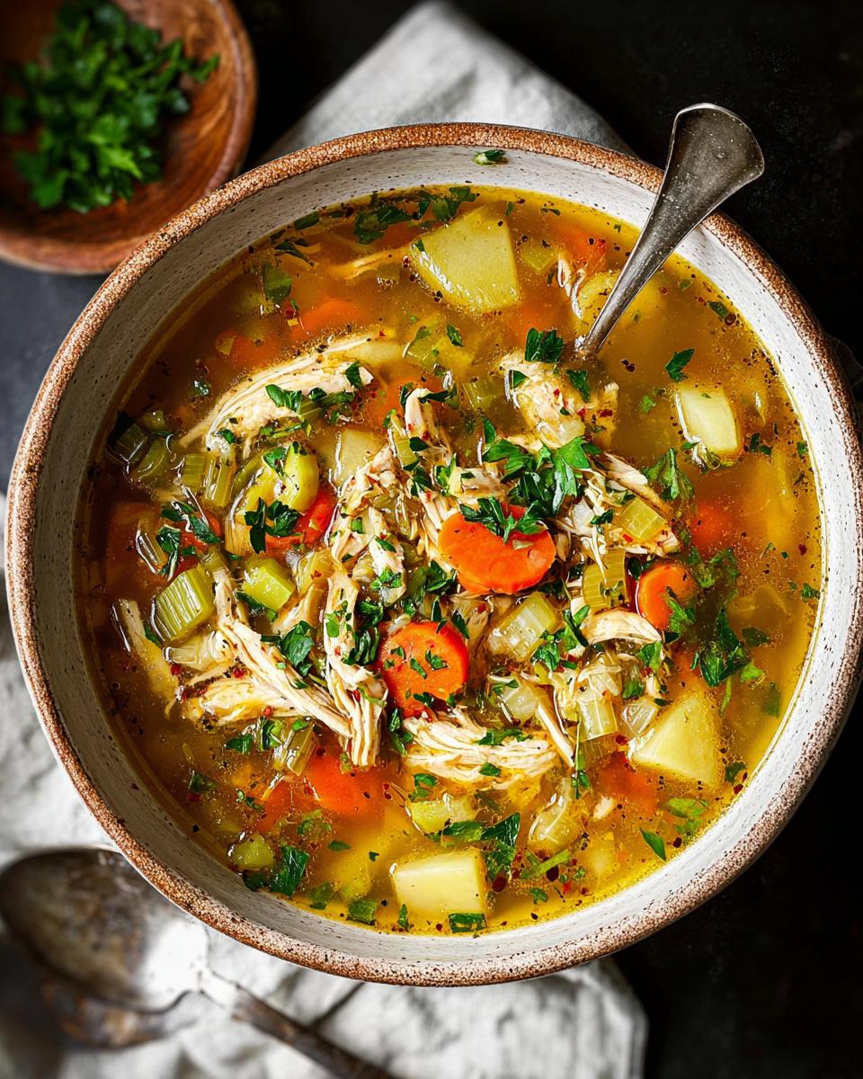 A close-up of a bowl of comforting chicken noodle soup, filled with shredded chicken, carrots, celery, and potatoes, part of our Soup Recipes Everyone Will Love collection.