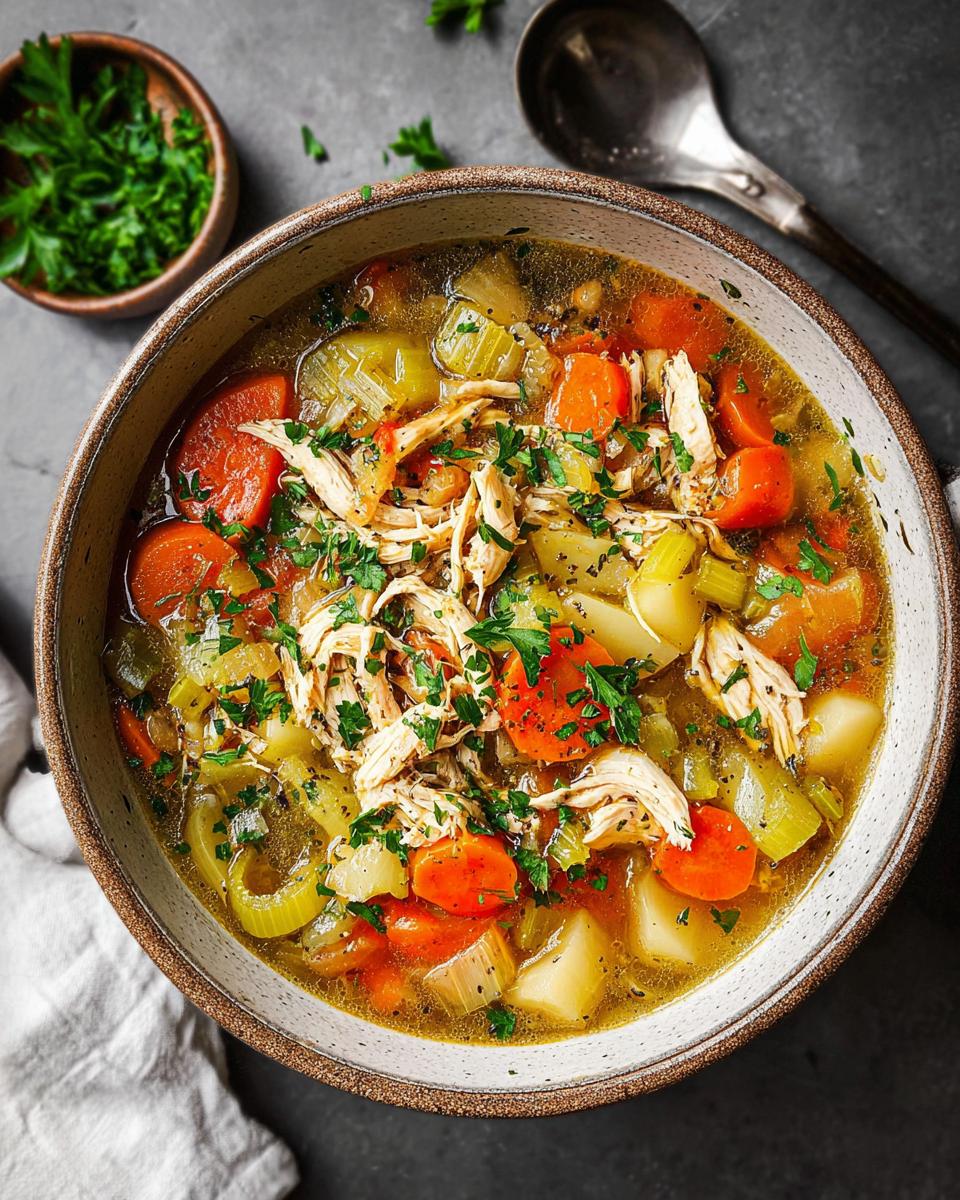A close-up of a bowl of hearty chicken noodle soup, filled with shredded chicken, carrots, celery, and potatoes, topped with fresh parsley.