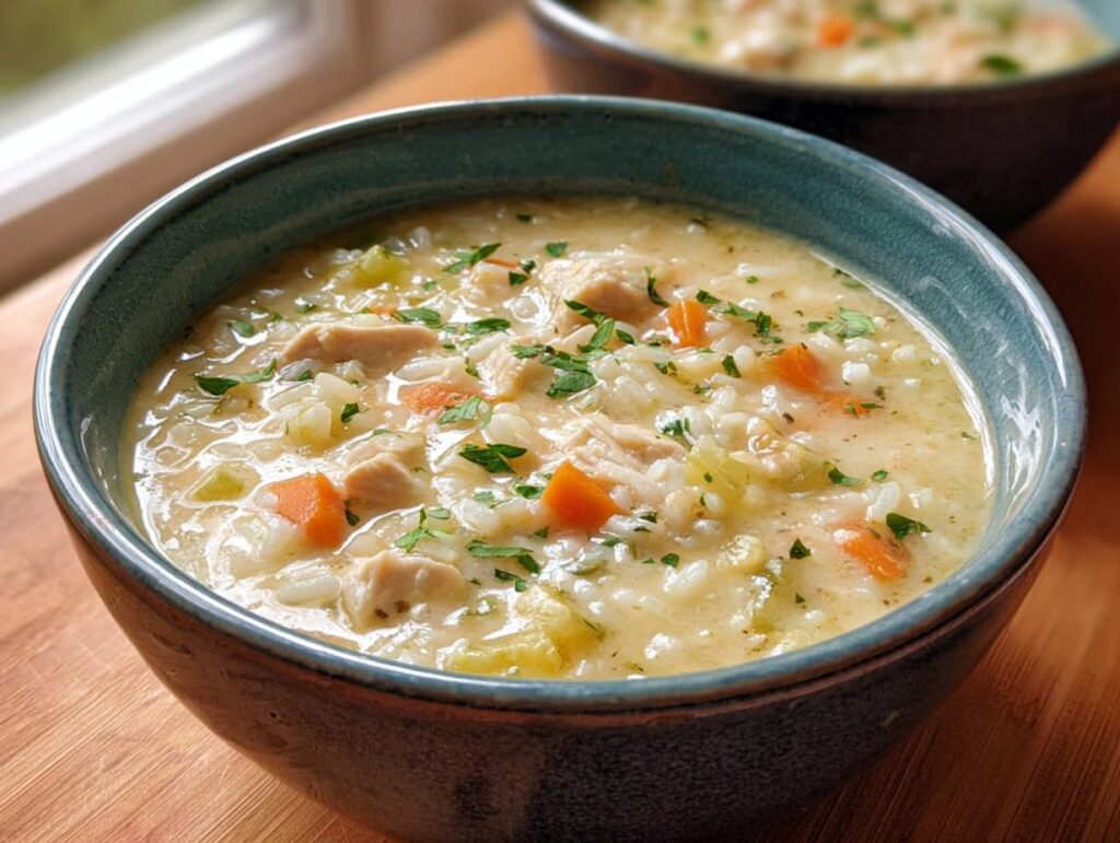 A close-up of a bowl of creamy chicken and rice soup, featuring chunks of chicken, rice, carrots, and parsley.