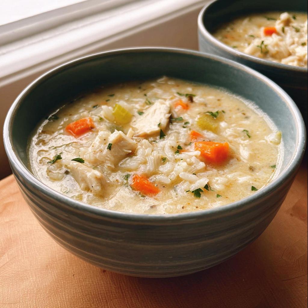 Close-up of a bowl of creamy chicken and rice soup, featuring tender chicken, rice, carrots, and celery, a perfect example of delicious soup recipes.