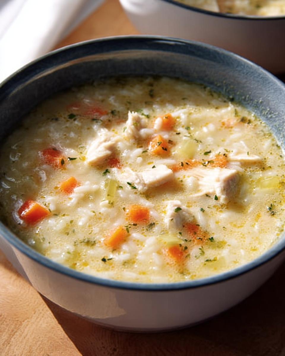 A close-up of a bowl of chicken and rice soup, featuring tender chicken pieces, rice, carrots, and herbs.