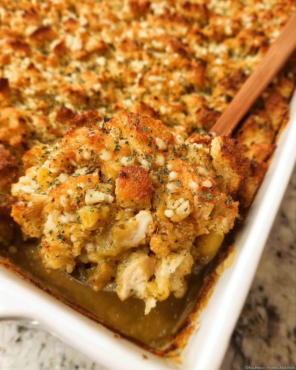 A spoonful of savory chicken stuffing with a golden-brown breadcrumb topping, perfect for busy weeknights.