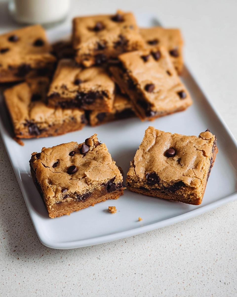 Close-up of two chewy chocolate chip cookie bars on a white plate, part of a stack of simple no fuss desserts.