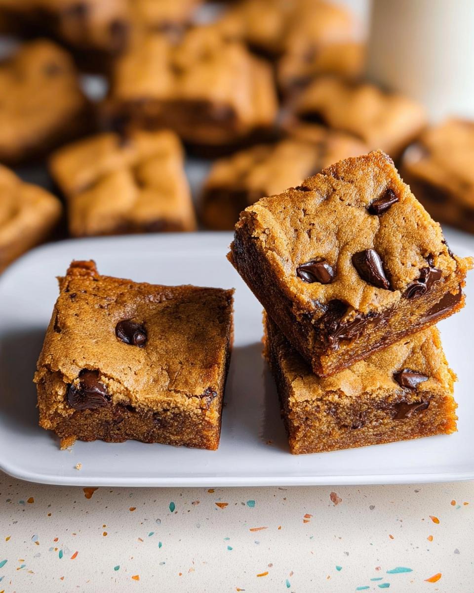 Stack of three chewy chocolate chip cookie bars, with more bars blurred in the background. A simple no fuss dessert.