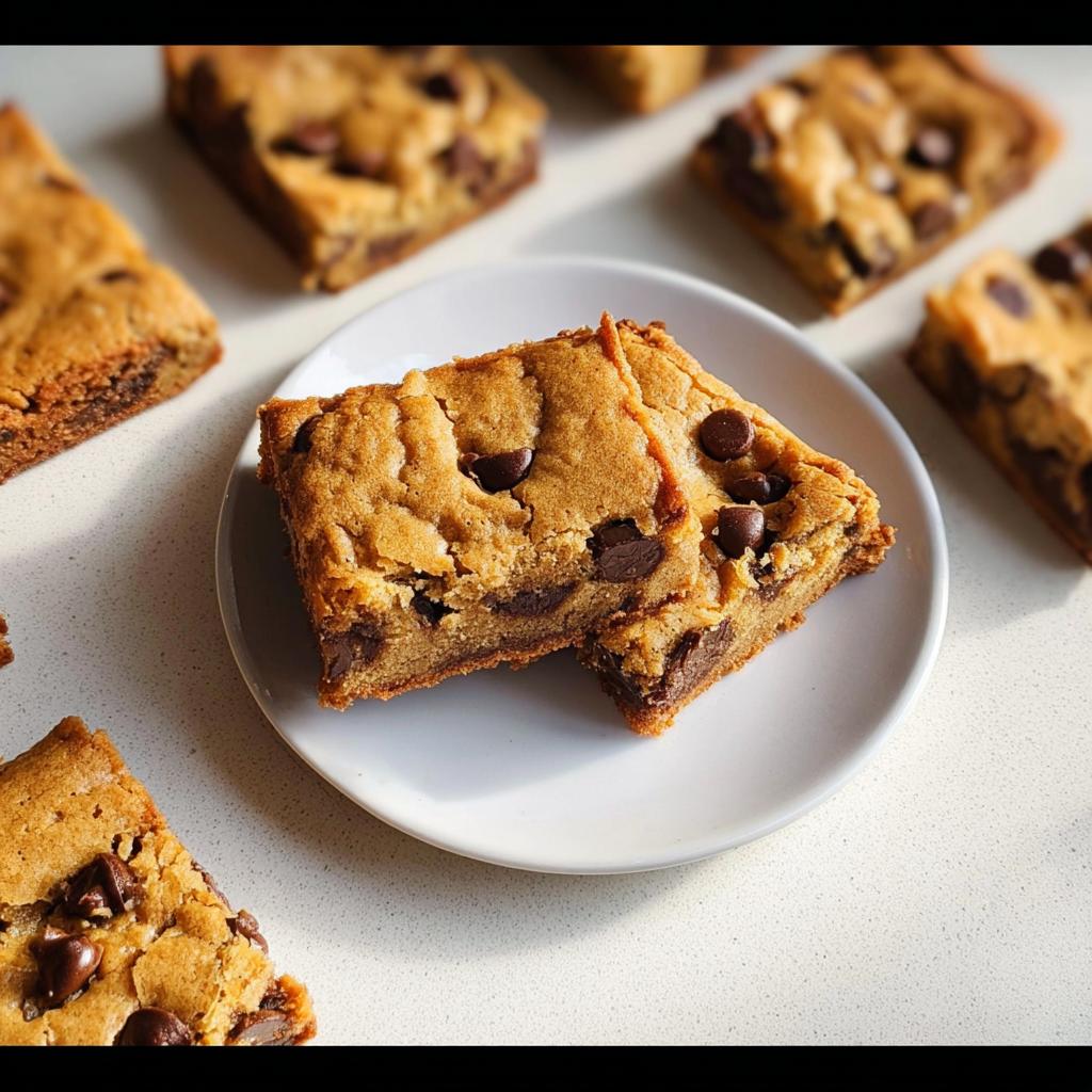 Close-up of two chocolate chip cookie bars on a white plate, surrounded by more bars, showcasing a simple no fuss dessert.