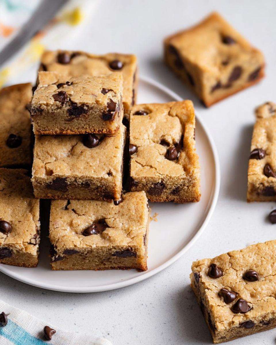 A stack of freshly baked chocolate chip cookie bars, a perfect example of simple no fuss desserts.