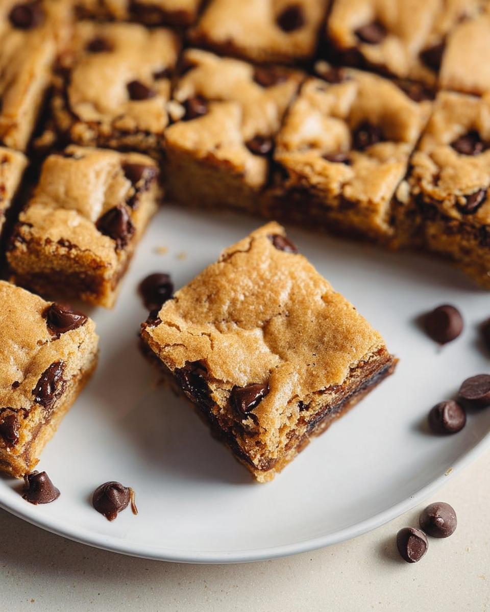 Close-up of a plate with several easy chocolate chip cookie bars, a simple no fuss dessert, with scattered chocolate chips.