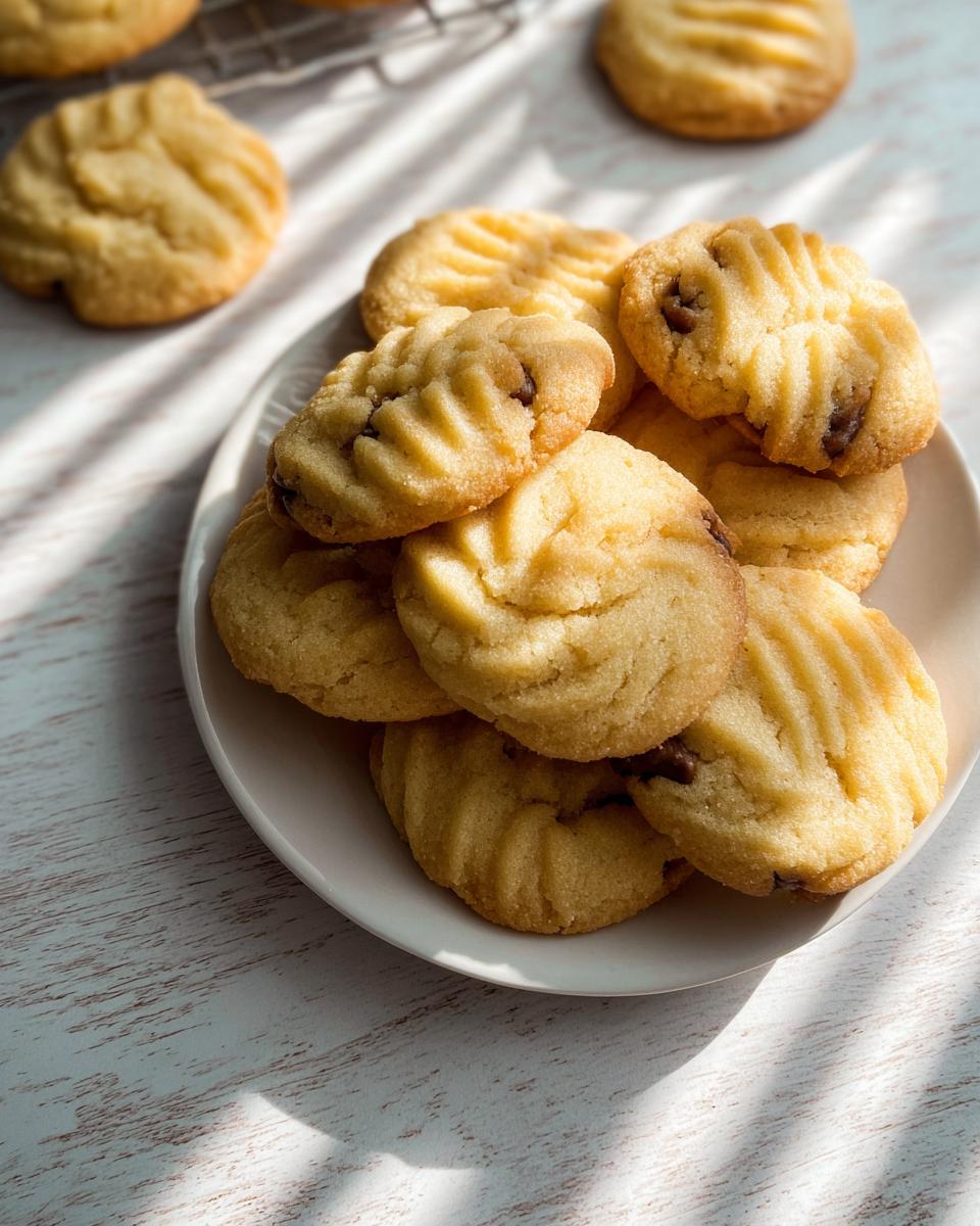 A pile of golden-brown chocolate chip cookies with ridged tops, perfect for dessert recipes.