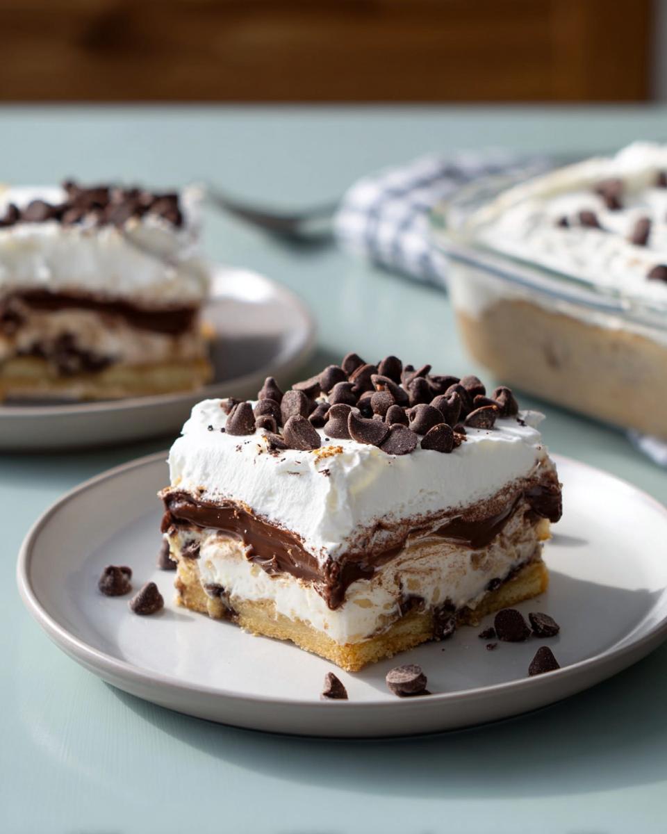 A slice of layered chocolate chip dessert with whipped cream and chocolate chips, perfect for satisfying a sweet tooth.
