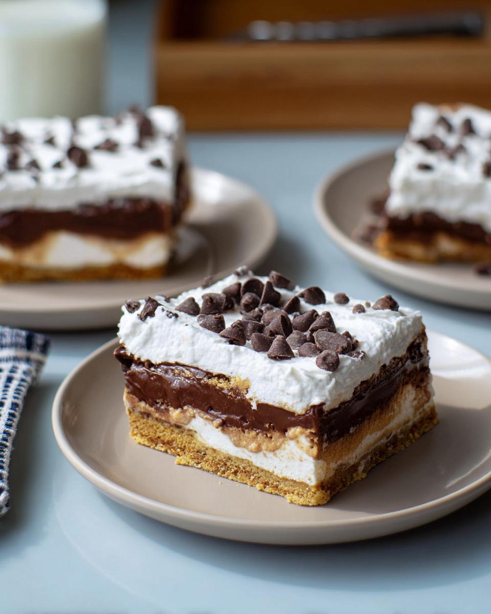 A decadent slice of chocolate delight dessert, layered with creamy filling and topped with whipped cream and chocolate chips.