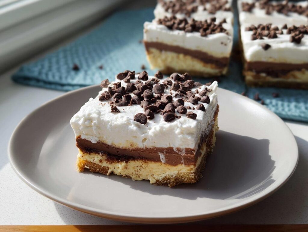 A slice of layered chocolate dessert topped with whipped cream and chocolate chips, perfect for satisfying a sweet tooth.