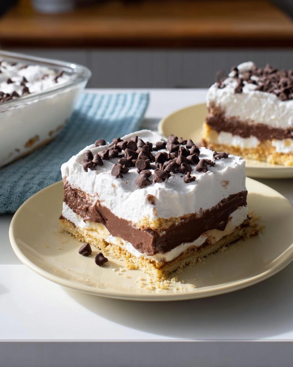 A delicious slice of chocolate pudding dessert, topped with whipped cream and chocolate chips, part of top notch dessert recipes.