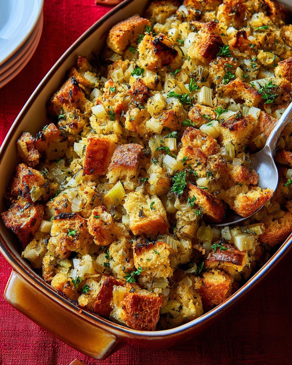 A close-up of a golden brown bread stuffing in a baking dish, with visible pieces of celery, onion, and herbs.