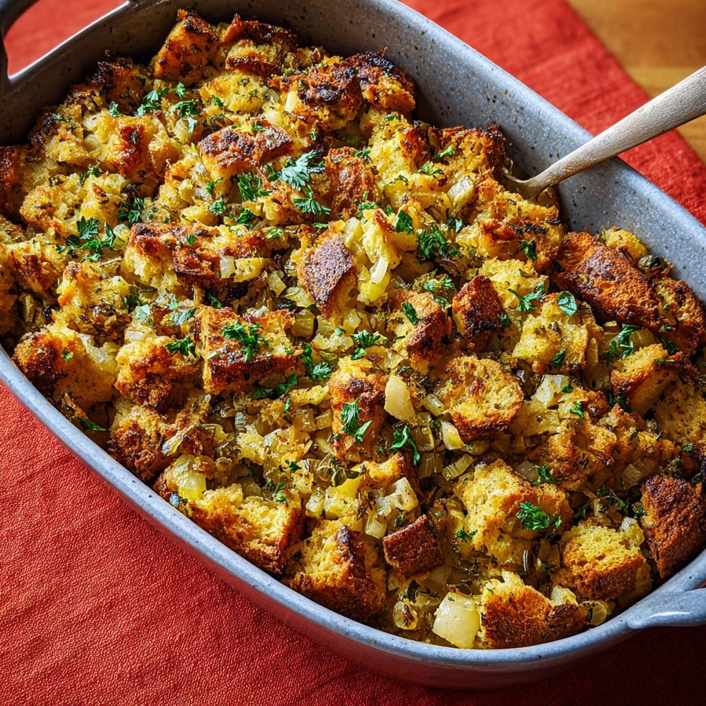 A close-up of a golden-brown bread stuffing recipe in a baking dish, garnished with fresh parsley.
