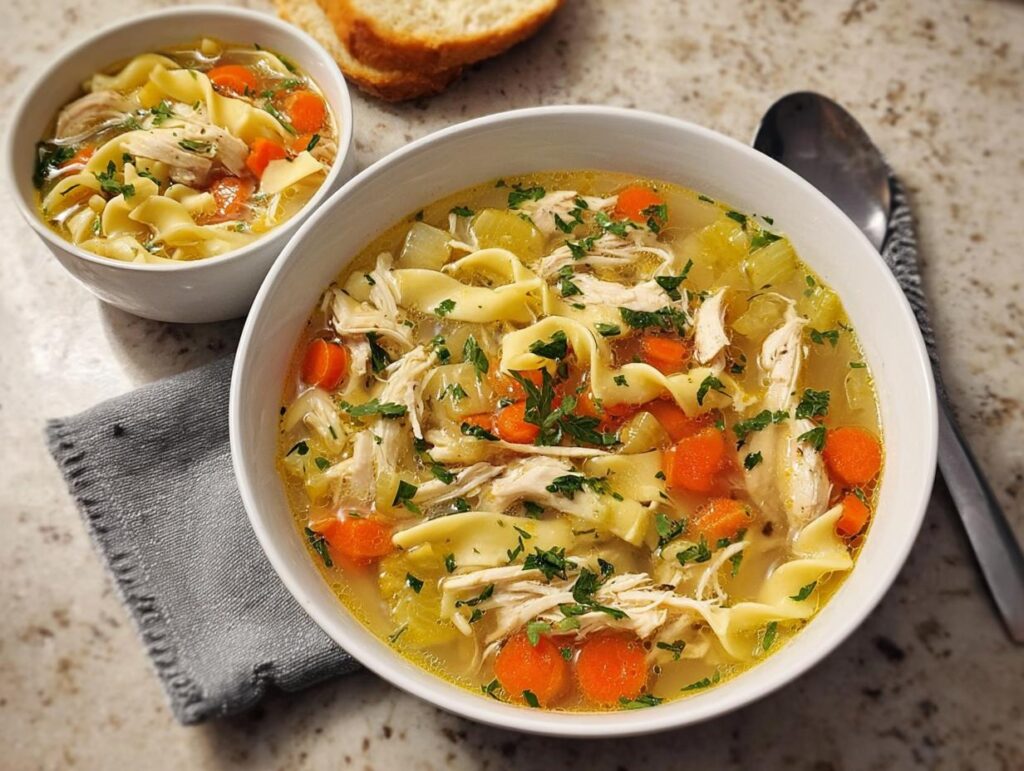 A bowl of comforting chicken noodle soup with wide egg noodles, shredded chicken, carrots, and parsley.