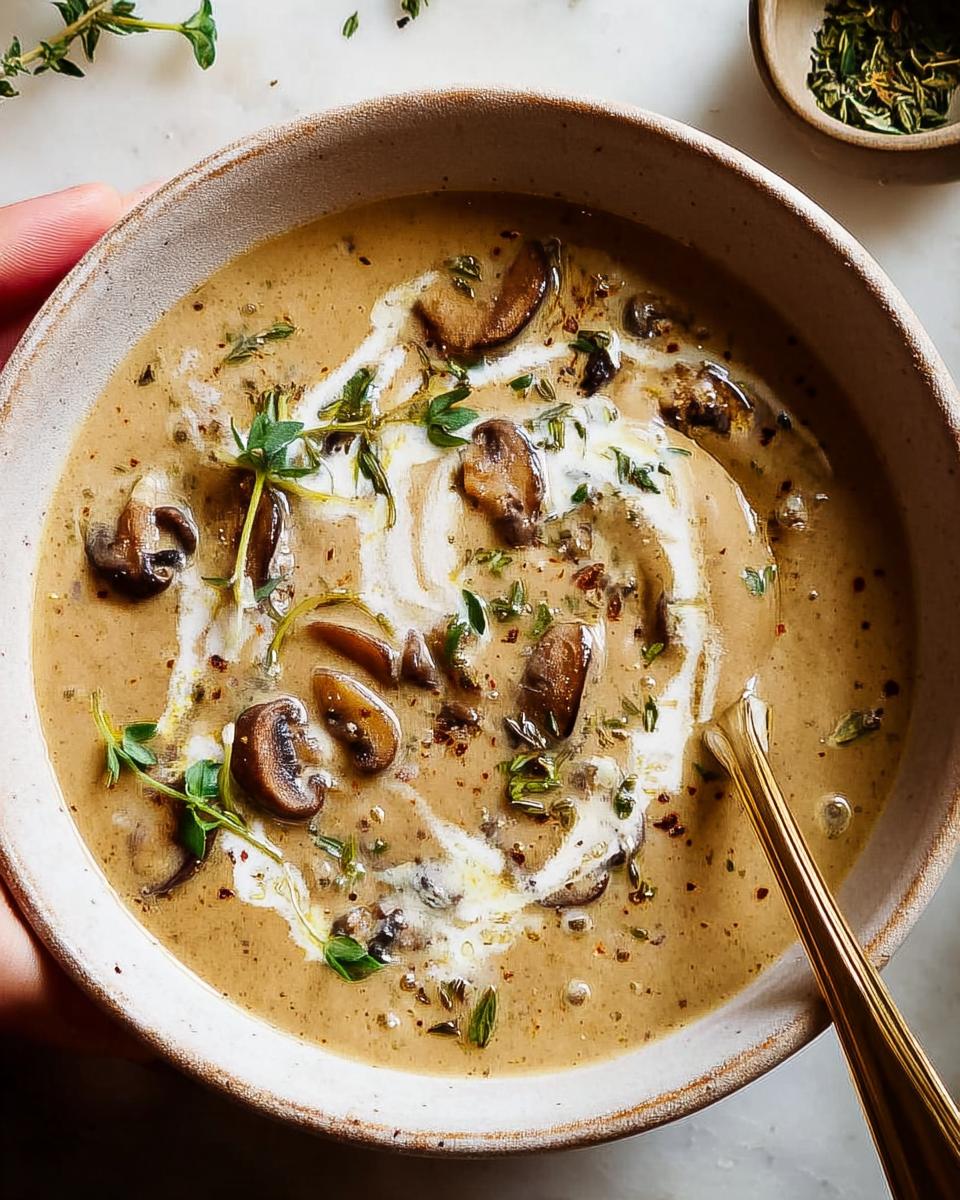 A close-up of a creamy mushroom soup bowl, drizzled with cream and garnished with fresh thyme, part of Ultimate Soup Recipes.