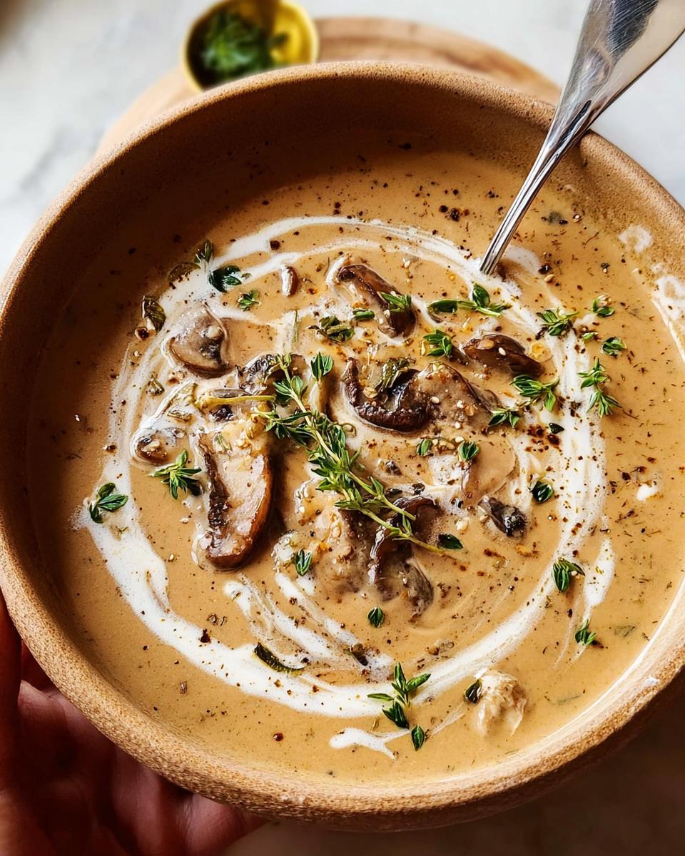 A close-up of a steaming bowl of creamy mushroom soup, garnished with fresh thyme and a swirl of cream. Part of Ultimate Soup Recipes.