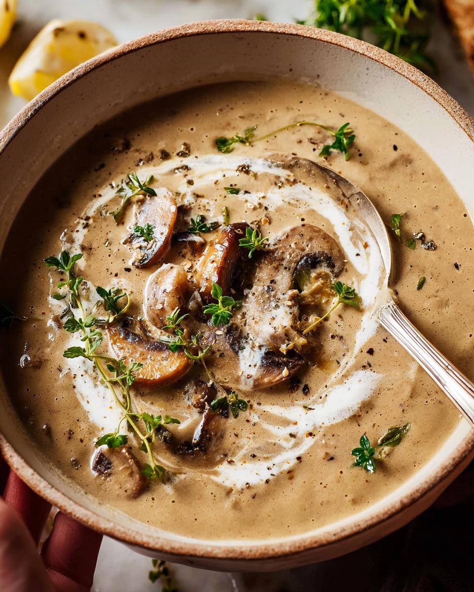A close-up of a cozy mushroom soup bowl, swirled with cream and garnished with fresh thyme, part of Ultimate Soup Recipes.