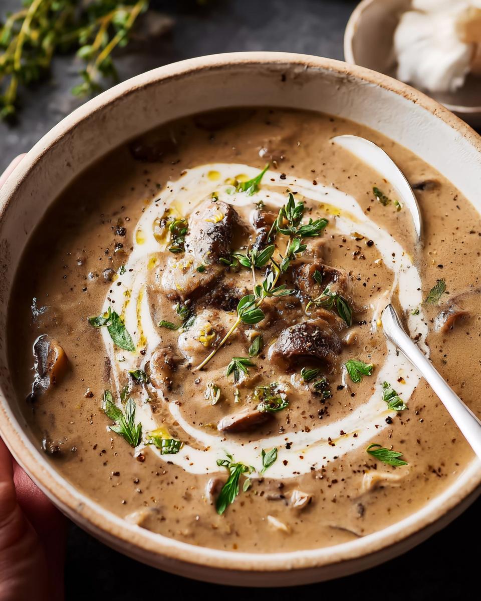 A close-up of a bowl of creamy mushroom soup, garnished with fresh herbs and a swirl of cream.