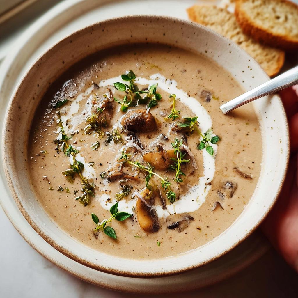 A close-up of a creamy mushroom soup bowl, garnished with fresh thyme and a swirl of cream, part of ultimate soup recipes.