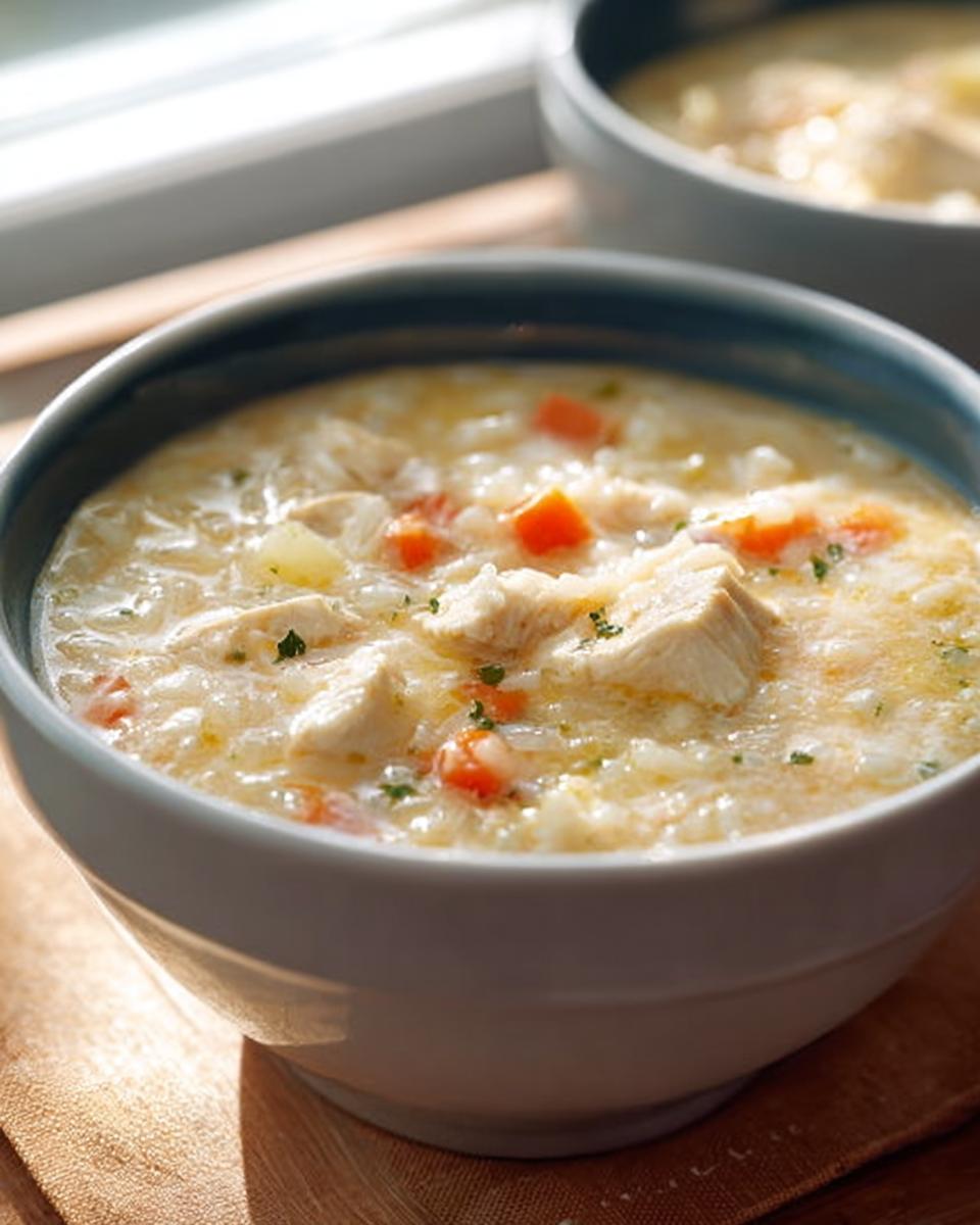 Close-up of a bowl of creamy chicken and rice soup with carrots and herbs, perfect for amazing soup recipes.