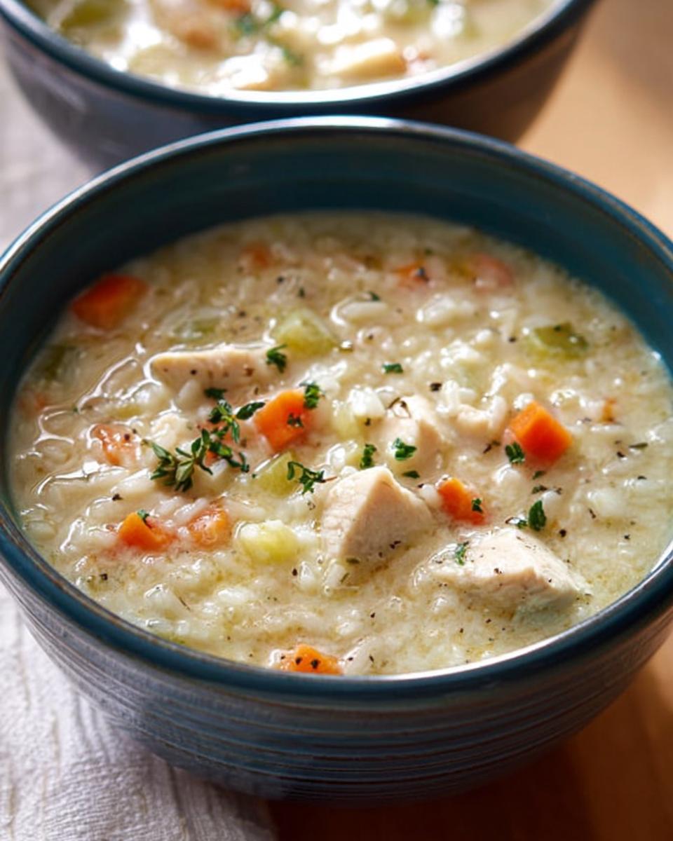 Close-up of a bowl of creamy chicken and rice soup with carrots, celery, and herbs. A pro tip for amazing soup recipes.
